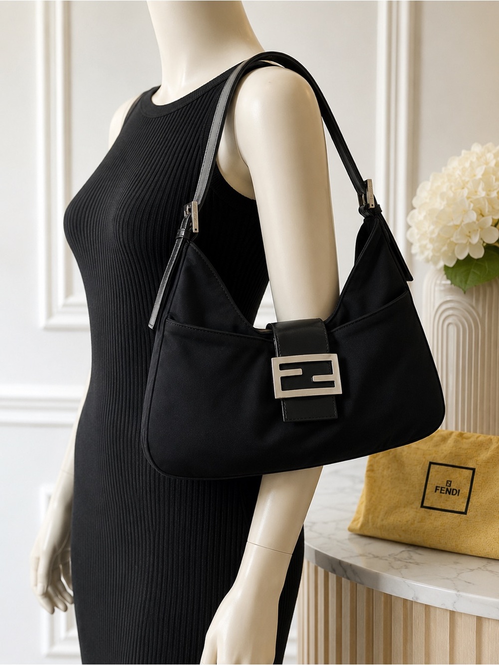 Authentic Fendi Mamma Baguette Black Jersey Shoulder Bag with Dust Bag
